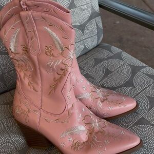 Anine Bing Pink Embroidered Heeled Boots